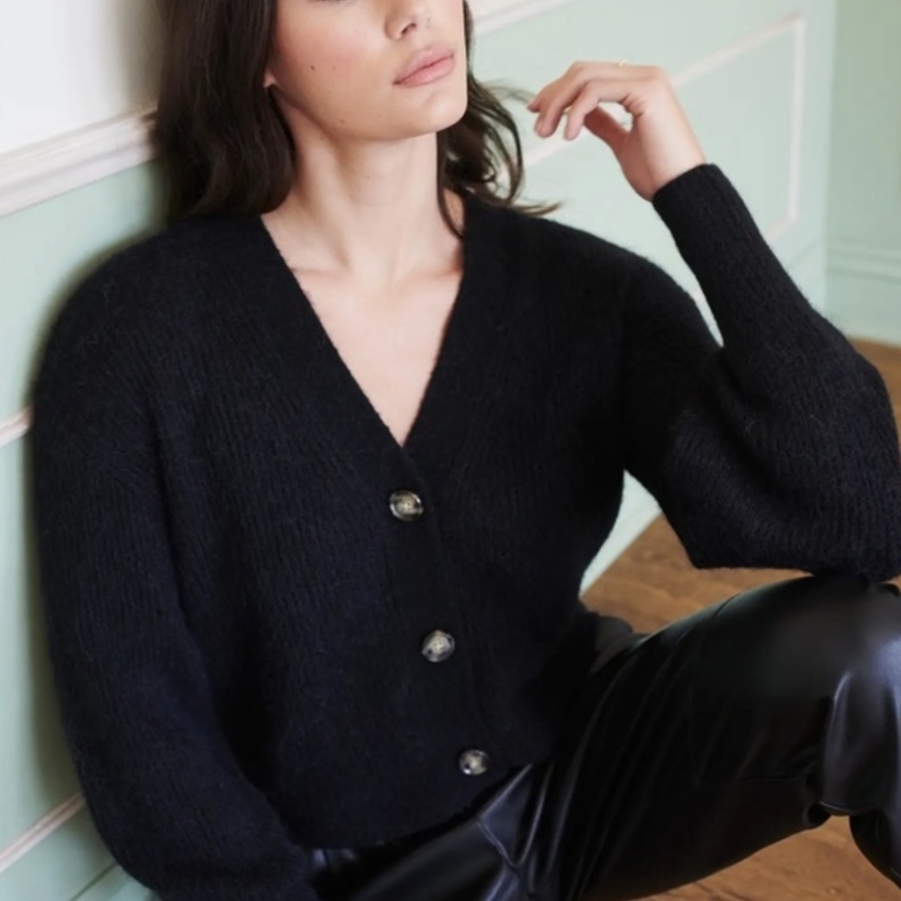 Quince Black Alpaca Bell Sleeve Cardigan Sweater Button